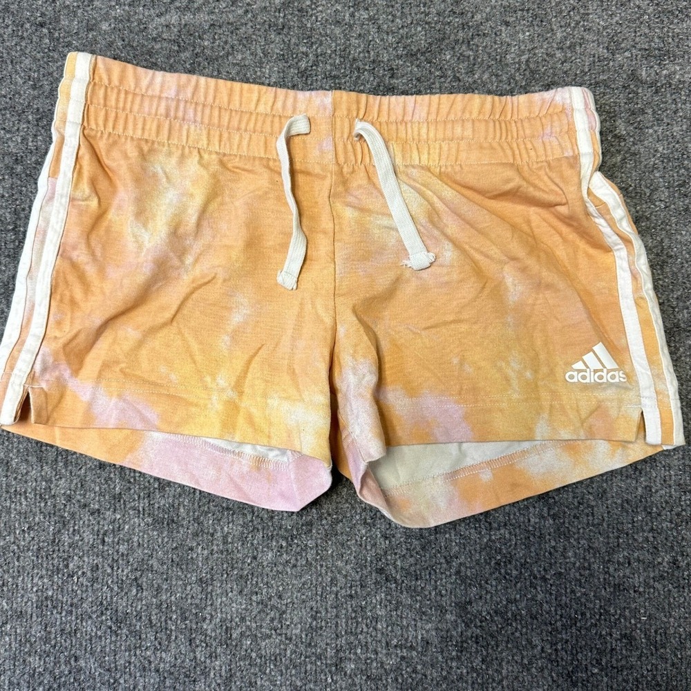 Adidas Shorts Womens Size M Orange Tie Dye 3 Stripe Drawstring Casual Athletic